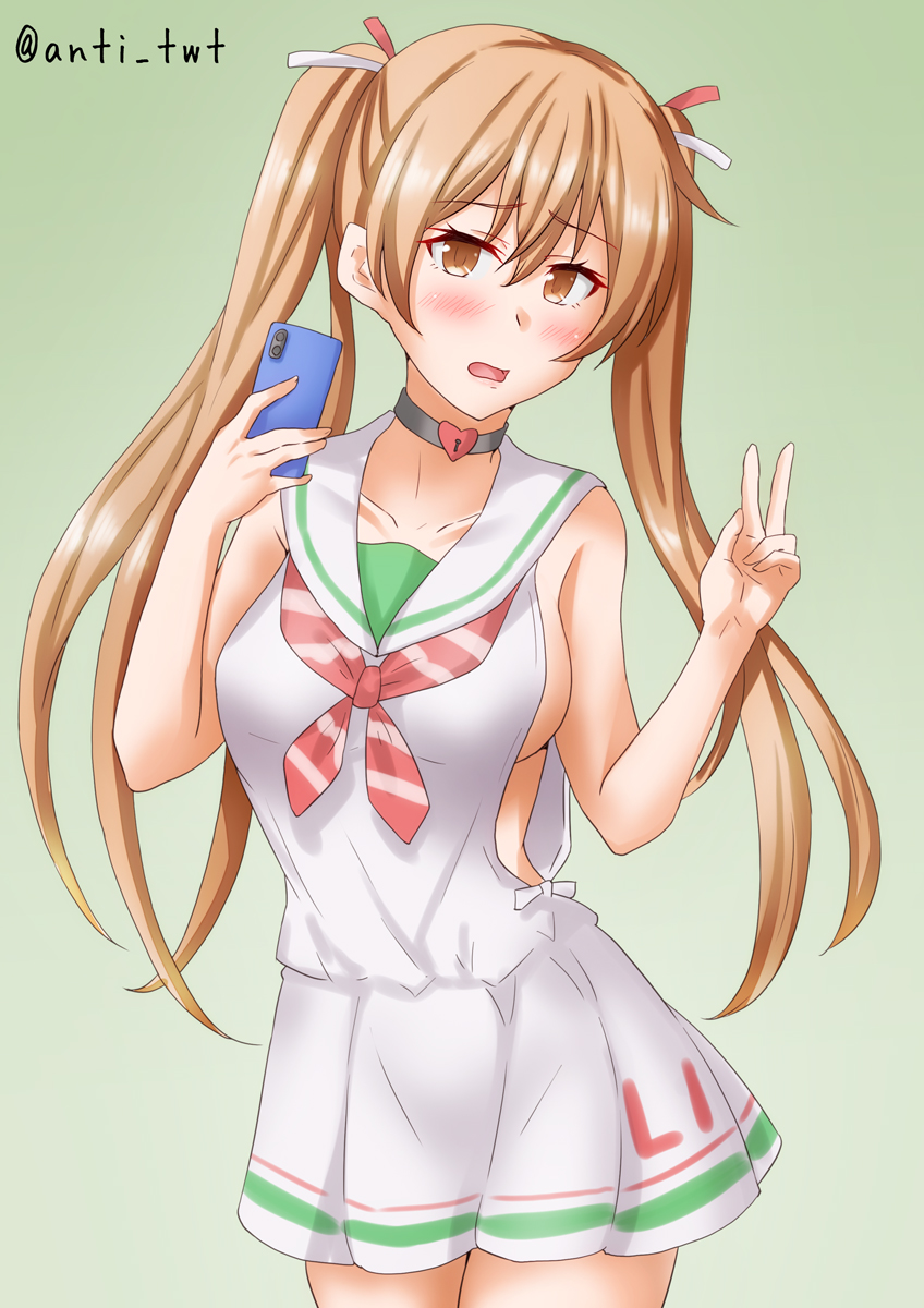 1girl, anti_(untea9), breasts, brown_eyes, choker, clothes_writing, commentary_request, cosplay