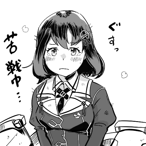 1girl, greyscale, haguro_(kancolle), hair_ornament, kantai_collection, looking_at_viewer, lowres, machinery