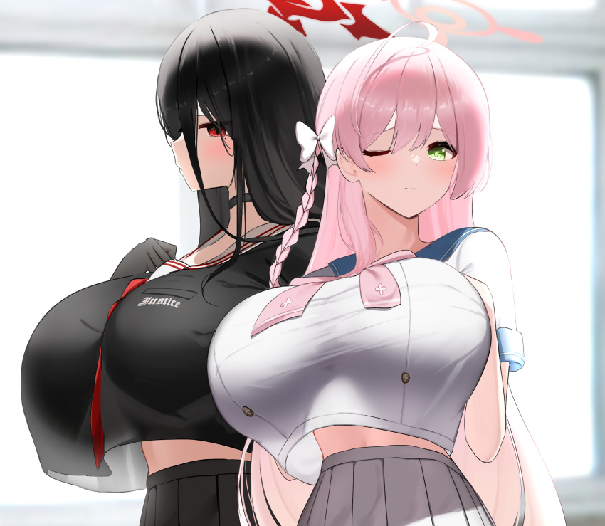 2girls, absurdres, black_hair, blue_archive, blush, breasts, choker, collar