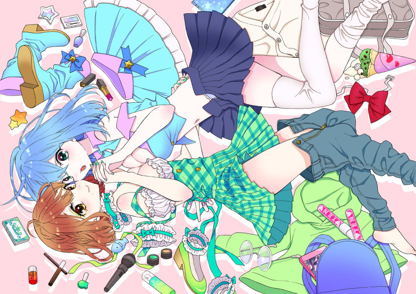 2girls, backpack, bag, blue_hair, blush, boots_removed, bow, breast_press