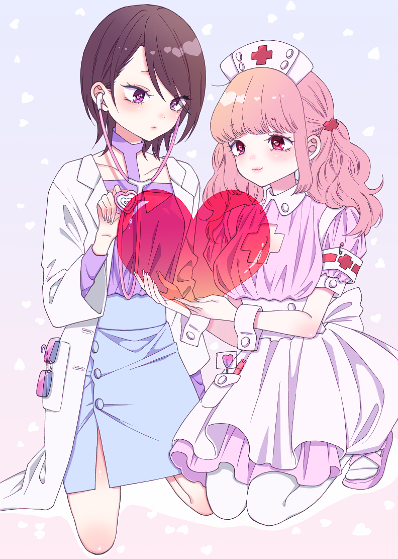 2girls, bangs, blue_skirt, blunt_bangs, blush, brown_hair, candy, cleavage_cutout