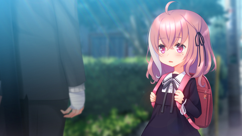 1boy, 1girl, ahoge, backpack, bag, bandaged_hand, black_dress, black_jacket