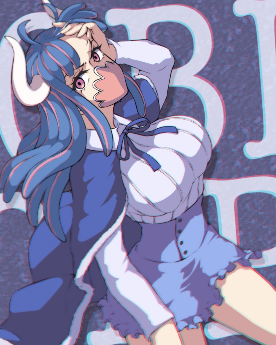 1girl, azukilib, bangs, blue_hair, blunt_bangs, breasts, cape, dress