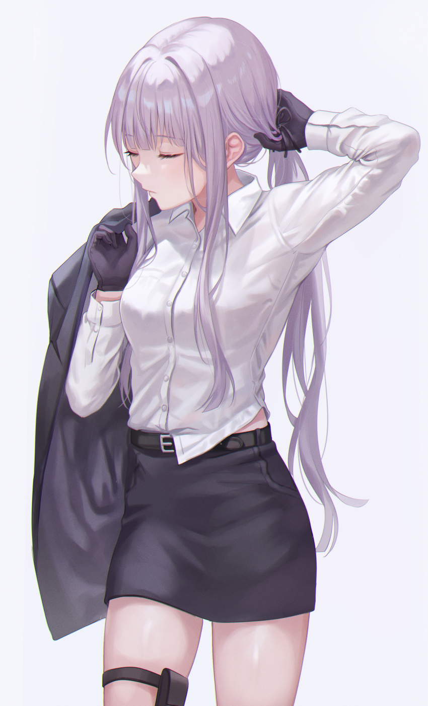 1girl, absurdres, adjusting_hair, arm_up, bangs, black_gloves, braid, breasts, closed_eyes, closed_mouth, collared_shirt, commentary_request, cowboy_shot, dangan_ronpa_(series), dangan_ronpa_3_(anime), dress_shirt, gloves, grey_background, hair_ribbon, highres, holster, jacket, kirigiri_kyouko, long_hair, long_sleeves, miniskirt, necktie, pencil_skirt, pleated_skirt, ribbon, shiny, shiny_skin, shirt, shirt_half_tucked_in, side_braid, sidelocks, simple_background, single_braid, skirt, solo, standing, thigh_holster, tokkyu, white_background, white_shirt