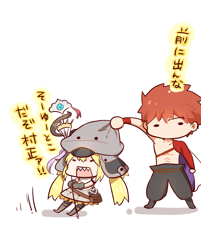1boy, 1girl, artoria_pendragon_(all), artoria_pendragon_(caster)_(fate), blonde_hair, chibi, dragging, emiya_shirou, fate/grand_order, fate_(series), grey_headwear, hat, holding, limited/zero_over, open_mouth, pouch, pulling, rectangular_mouth, redhead, sengo_muramasa_(fate), sharp_teeth, simple_background, staff, teeth, translation_request, tsuchiya_madose, white_background, wristband