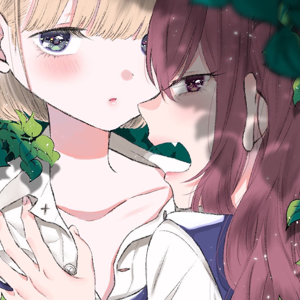 2girls, bangs, blonde_hair, blunt_bangs, blurry, blurry_foreground, blush, depth_of_field, fang, fingernails, girls_in_the_hell, kawai_rou, long_hair, looking_at_viewer, multiple_girls, open_mouth, parted_lips, purple_vest, red_eyes, redhead, short_hair, vest, violet_eyes