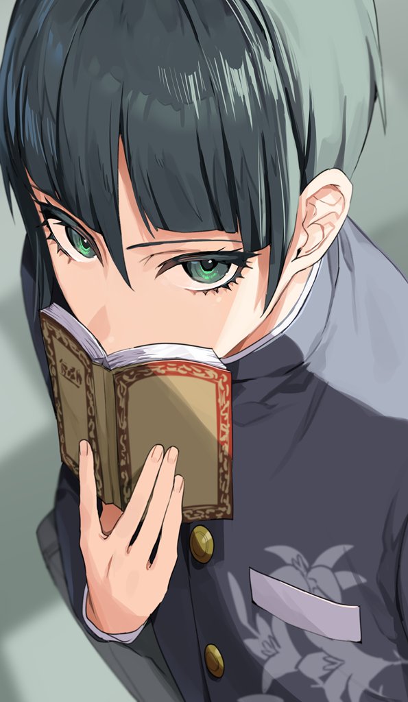 1boy, bangs, black_hair, blue_eyes, book, bowl_cut, dobuki, eyelashes, holding, holding_book, looking_at_viewer, male_focus, protagonist_(smtv), school_uniform, shin_megami_tensei, shin_megami_tensei_v, short_hair, simple_background, solo