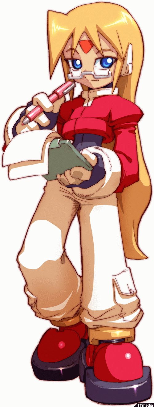 clipboard, girouette, glasses, highres, official_art, pen, rockman, rockman_zx