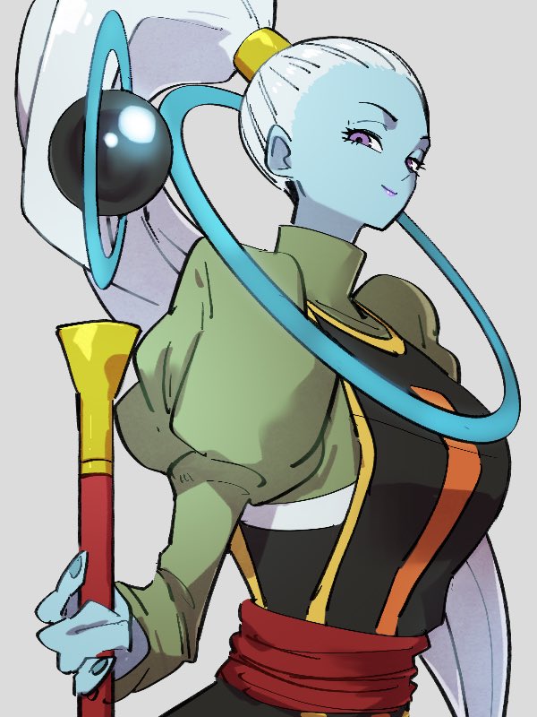 1girl, blue_skin, closed_mouth, colored_skin, dragon_ball, dragon_ball_super, fingernails, grey_background