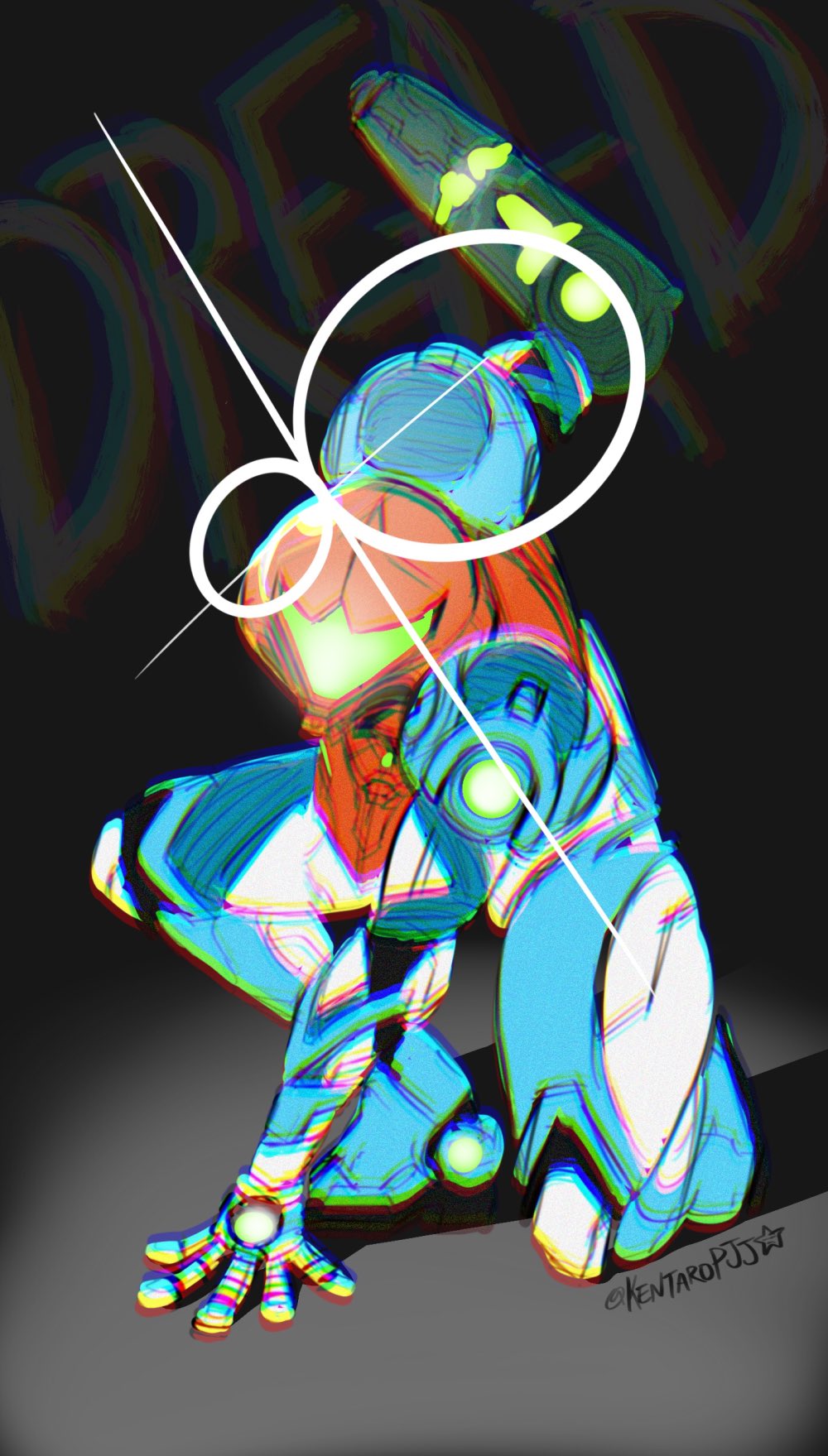 1girl, arm_cannon, armor, helmet, highres, james_valle, looking_at_viewer, metroid