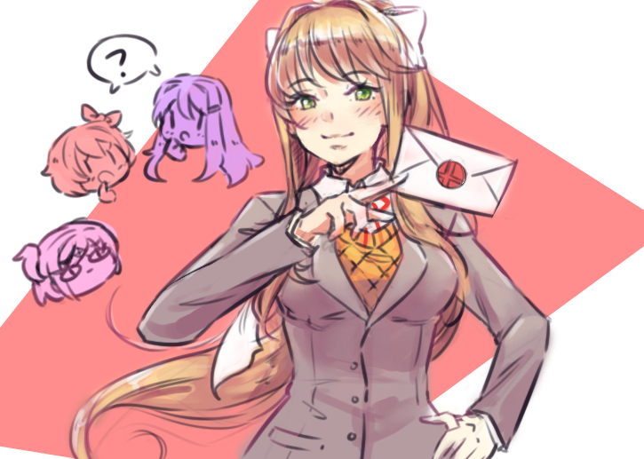 bangs, blazer, blue_skirt, blush, bow, breasts, brown_hair, card, doki_doki_literature_club, eyebrows_visible_through_hair, glitch, green_eyes, grey_jacket, hair_bow, hair_ornament, hair_ribbon, hairclip, jacket, lithety, long_hair, looking_at_viewer, monika_(doki_doki_literature_club), natsuki_(doki_doki_literature_club), open_mouth, orange_vest, ponytail, ribbon, sayori_(doki_doki_literature_club), school_uniform, skirt, smash_invitation, smile, super_smash_bros., very_long_hair, vest, white_ribbon, yuri_(doki_doki_literature_club)
