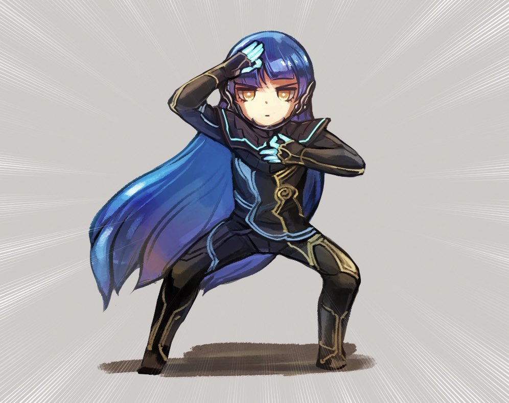 1boy, androgynous, bangs, chibi, eyelashes, full_body, long_hair, looking_at_viewer, maa_tc, male_focus, pose, protagonist_(smtv), purple_hair, shin_megami_tensei, shin_megami_tensei_v, simple_background, solo, yellow_eyes