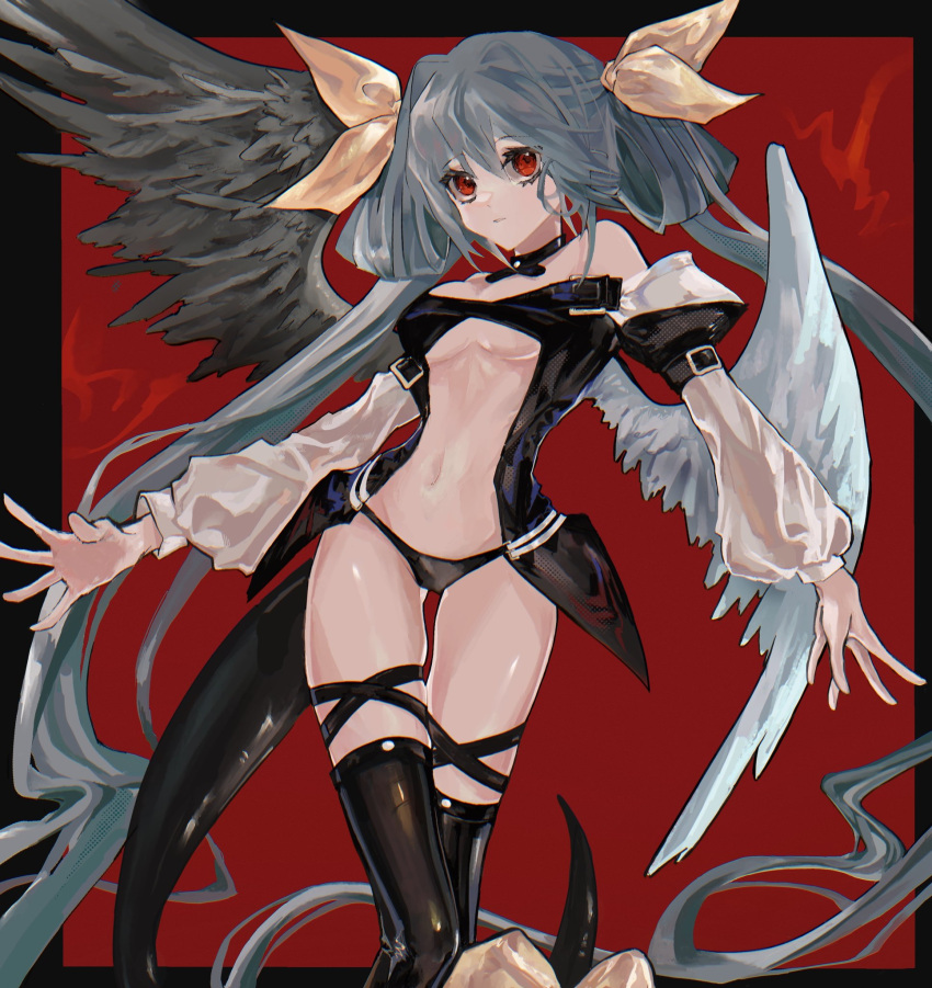 1girl, angel_wings, asymmetrical_wings, bangs, bare_shoulders, belt, black_legwear, black_panties