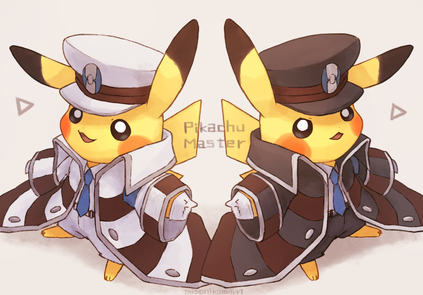 absurdres, black_pants, blue_neckwear, brown_headwear, character_name, clothed_pokemon, coat, collared_coat