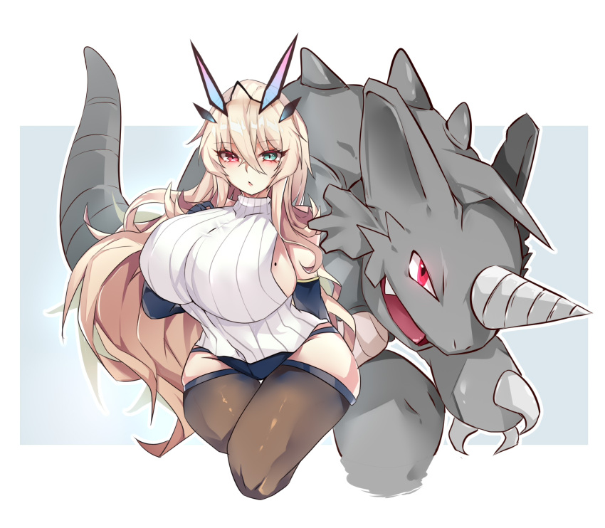 1girl, alternate_costume, bangs, bare_shoulders, blonde_hair, blush, breasts, brown_legwear