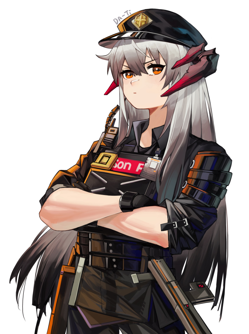 1girl, absurdres, arknights, artist_name, black_gloves, black_hair, black_headwear, black_jacket