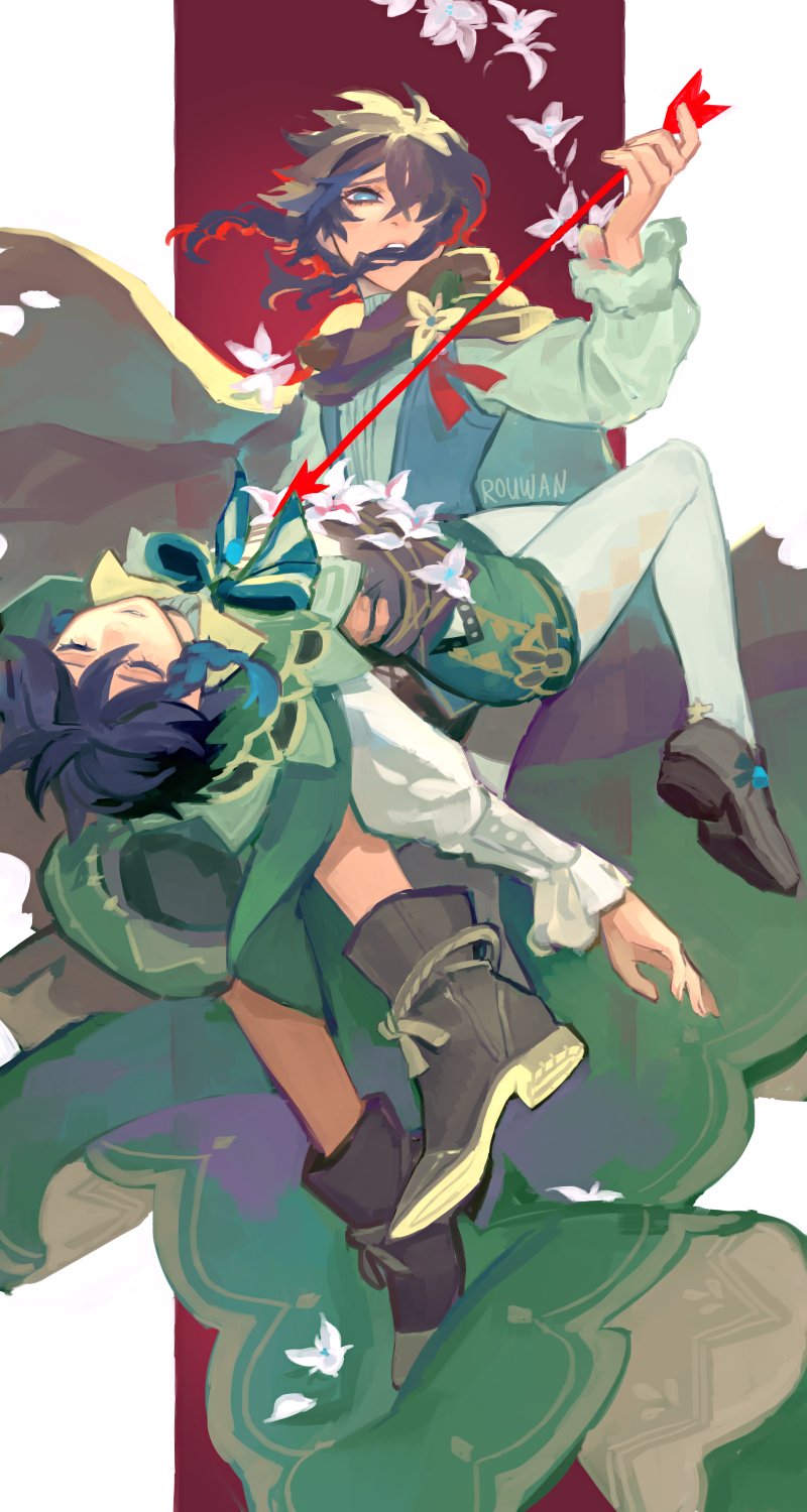 2boys, androgynous, argyle, argyle_legwear, arrow_(projectile), artist_name, bangs, black_hair