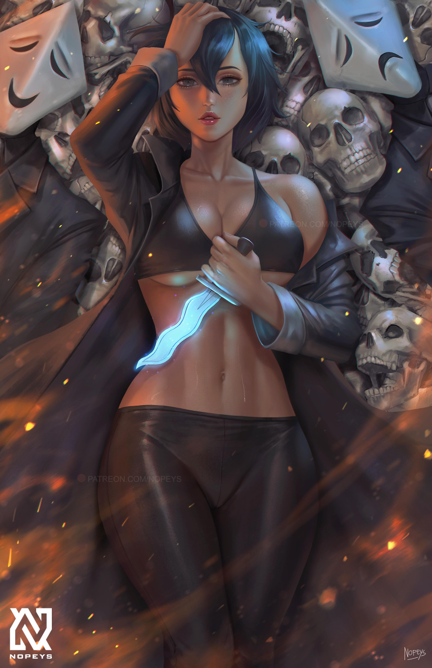 1girl, 2others, absurdres, alexandra_trese, bikini, bikini_top, black_eyes, black_hair, breasts, coat, collarbone, hair_between_eyes, hand_on_own_head, highres, holding, holding_knife, knife, large_breasts, lips, long_coat, looking_at_viewer, mask, multiple_others, navel, norman_de_mesa, open_clothes, open_coat, pants, parted_lips, short_hair, skull, solo_focus, swimsuit, tight, tight_pants, trese