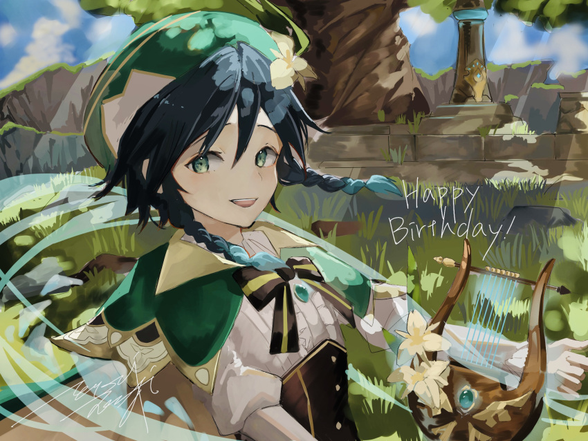 1boy, androgynous, bangs, beret, black_hair, blue_hair, bow, braid, brooch, cape, clouds, cloudy_sky, collared_cape, collared_shirt, commentary_request, corset, dappled_sunlight, day, english_text, flower, frilled_sleeves, frills, gem, genshin_impact, gradient_hair, grass, green_eyes, green_headwear, happy_birthday, hat, hat_flower, highres, holding, holding_instrument, instrument, jewelry, leaf, long_sleeves, looking_at_viewer, lyre, male_focus, multicolored_hair, open_mouth, outdoors, shirt, short_hair_with_long_locks, sky, smile, solo, sunlight, temarizushi, tree, twin_braids, venti_(genshin_impact), white_flower, white_shirt, wind