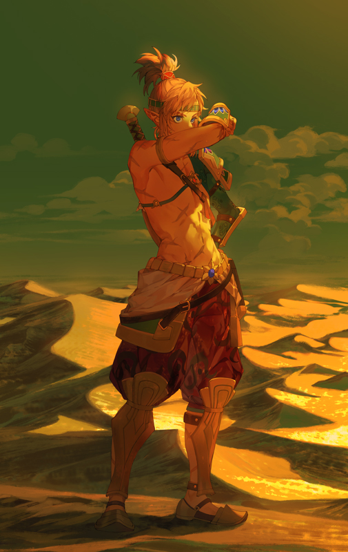 1boy, abs, arm_up, bangs, blonde_hair, blue_eyes, clouds, desert