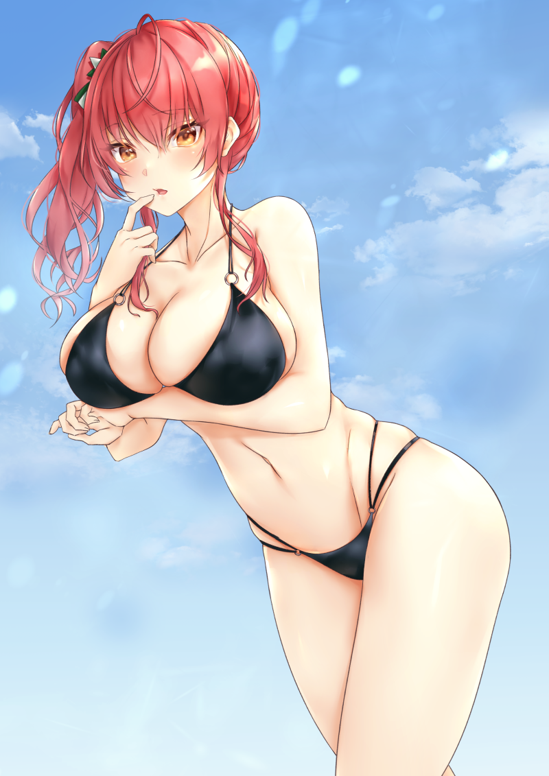 1girl, arm_under_breasts, azur_lane, bikini, black_bikini, blue_sky, breast_hold, breasts, finger_to_mouth, highleg, highleg_bikini, italian_flag, large_breasts, looking_at_viewer, multi-strapped_bikini, multiple_straps, navel, o-ring, o-ring_bikini, official_alternate_costume, redhead, side_ponytail, skindentation, sky, solo, swimsuit, syu_an_n, thighs, yellow_eyes, zara_(azur_lane), zara_(poolside_coincidence)_(azur_lane)