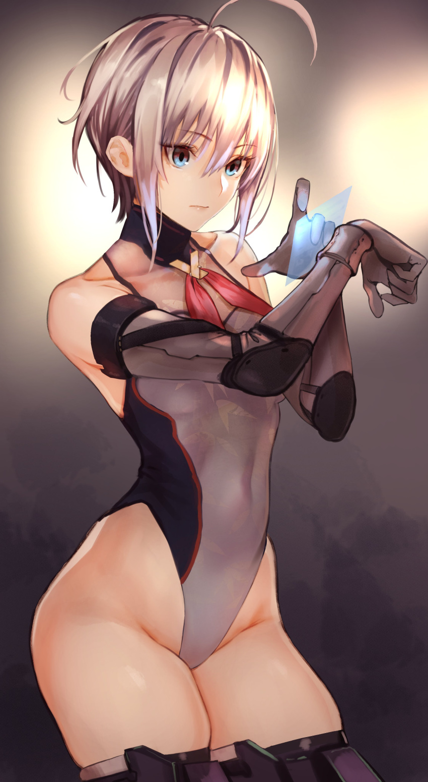 1girl, absurdres, ahoge, bangs, bare_shoulders, black_footwear, blue_eyes, boots, breasts, closed_mouth, commentary, covered_navel, cowboy_shot, elbow_gloves, eyebrows_visible_through_hair, gloves, grey_gloves, grey_leotard, hair_between_eyes, halterneck, hand_up, highleg, highleg_leotard, highres, holographic_interface, leotard, light_frown, looking_down, navel, neck_ribbon, original, red_neckwear, ribbon, short_hair, silver_hair, skin_tight, small_breasts, solo, standing, tani_wataru, thick_thighs, thigh-highs, thigh_boots, thighs