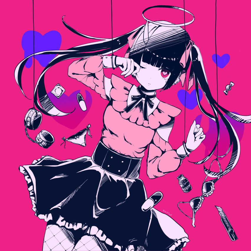 1girl, absurdres, bendy_straw, black_footwear, black_hair, black_skirt, borrowed_design, bow