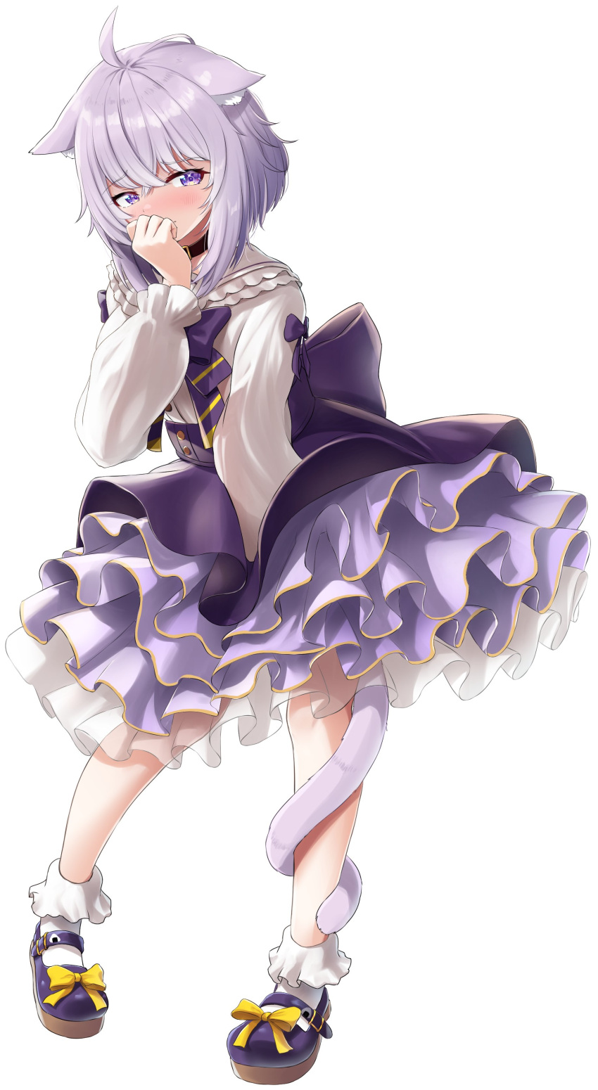 1girl, absurdres, ahoge, animal_ear_fluff, animal_ears, bangs, blue_dress, blue_flower