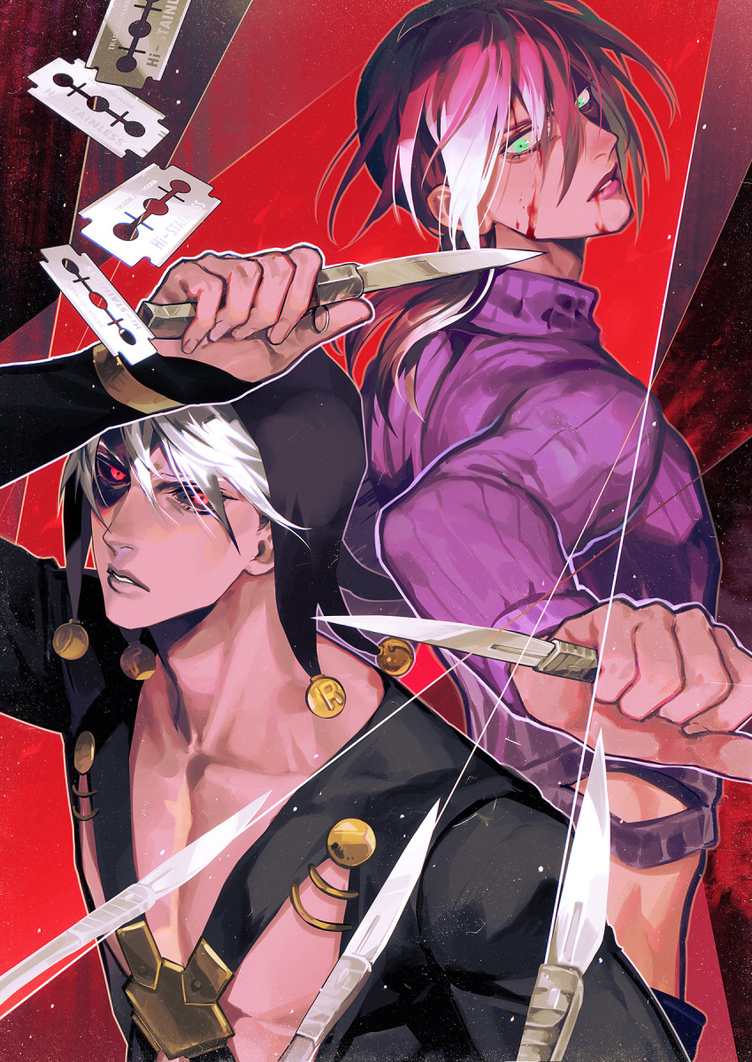 2boys, black_coat, black_headwear, black_sclera, blood, blood_on_face, chest_harness, coat