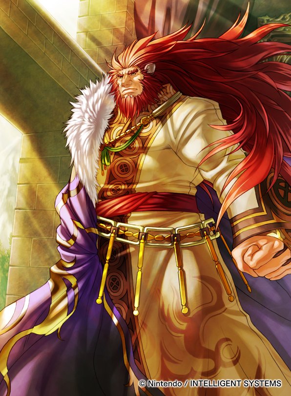 1boy, animal_ears, beard, belt, caineghis_(fire_emblem), cape, facial_hair, fire_emblem, fire_emblem:_radiant_dawn, fire_emblem_cipher, full_body, fur_trim, grey_background, kita_senri, lion_ears, long_hair, male_focus, official_art, orange_eyes, redhead, solo