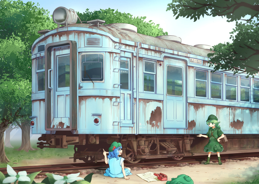 2girls, arm_up, backpack, backpack_removed, bag, blue_eyes, blue_hair, blue_shirt