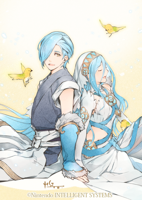 1boy, 1girl, azura_(fire_emblem), bird, blue_hair, closed_eyes, company_name, facial_hair