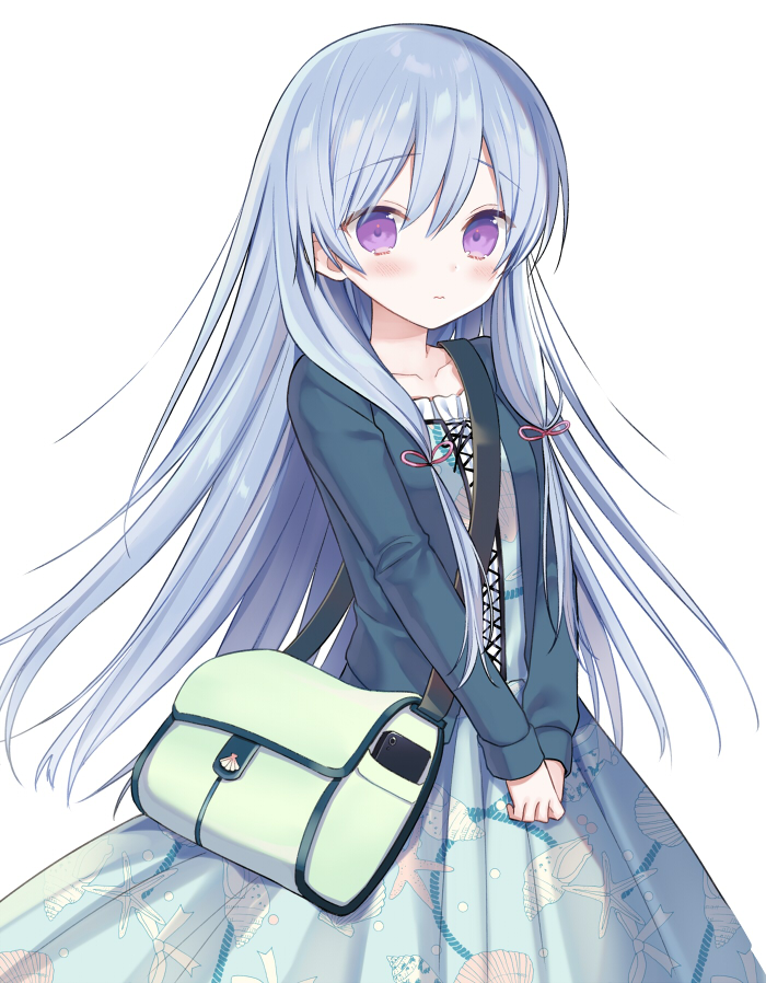 1girl, bag, bangs, blue_dress, blue_hair, blue_jacket, blush, closed_mouth, collarbone, dress, eyebrows_visible_through_hair, frilled_dress, frills, hair_between_eyes, jacket, long_hair, long_sleeves, looking_at_viewer, open_clothes, open_jacket, original, own_hands_together, pleated_dress, print_dress, seashell_print, shoulder_bag, simple_background, sleeves_past_wrists, solo, starfish_print, very_long_hair, violet_eyes, wavy_mouth, white_background, yuuki_rika