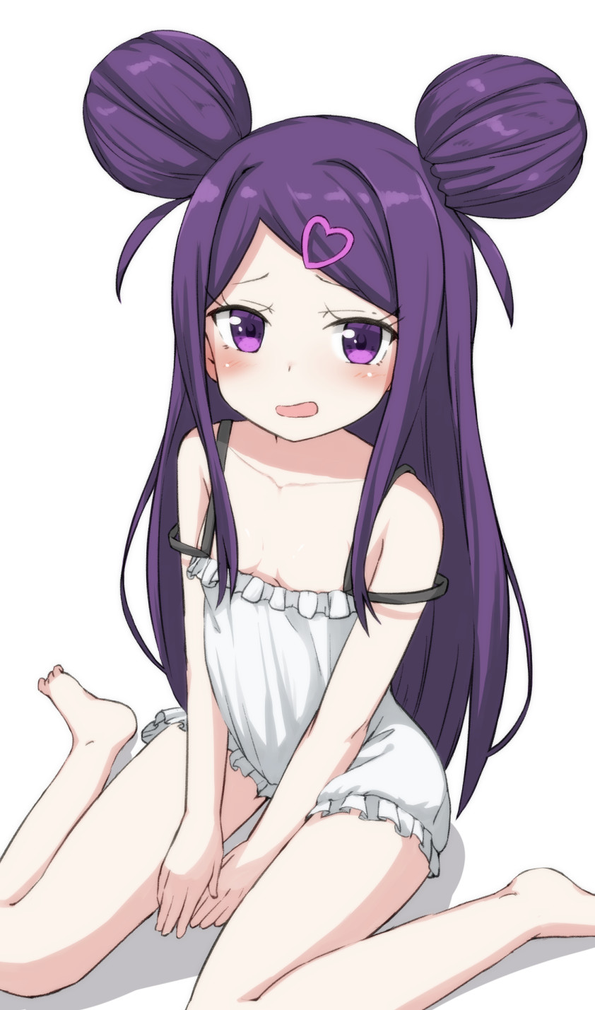 1girl, bare_arms, bare_legs, bare_shoulders, barefoot, between_legs, blush, double_bun