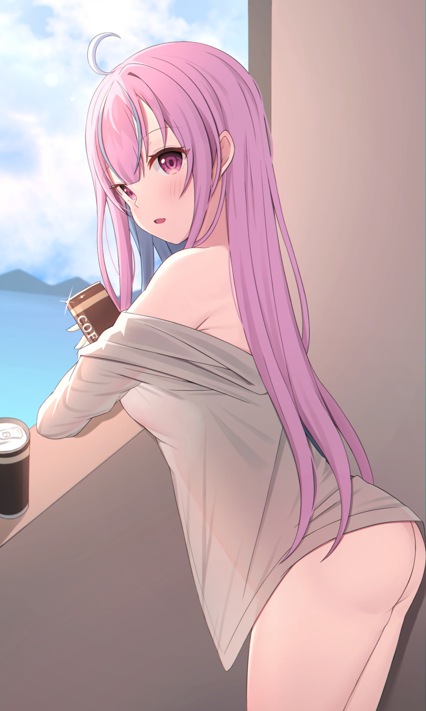 1girl, absurdres, ahoge, ass, bangs, bare_shoulders, blue_hair, blush