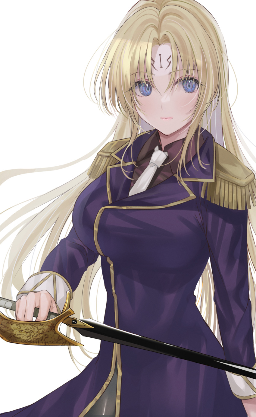 1girl, black_cat_(series), blonde_hair, blue_eyes, breasts, cowboy_shot, epaulettes, expressionless