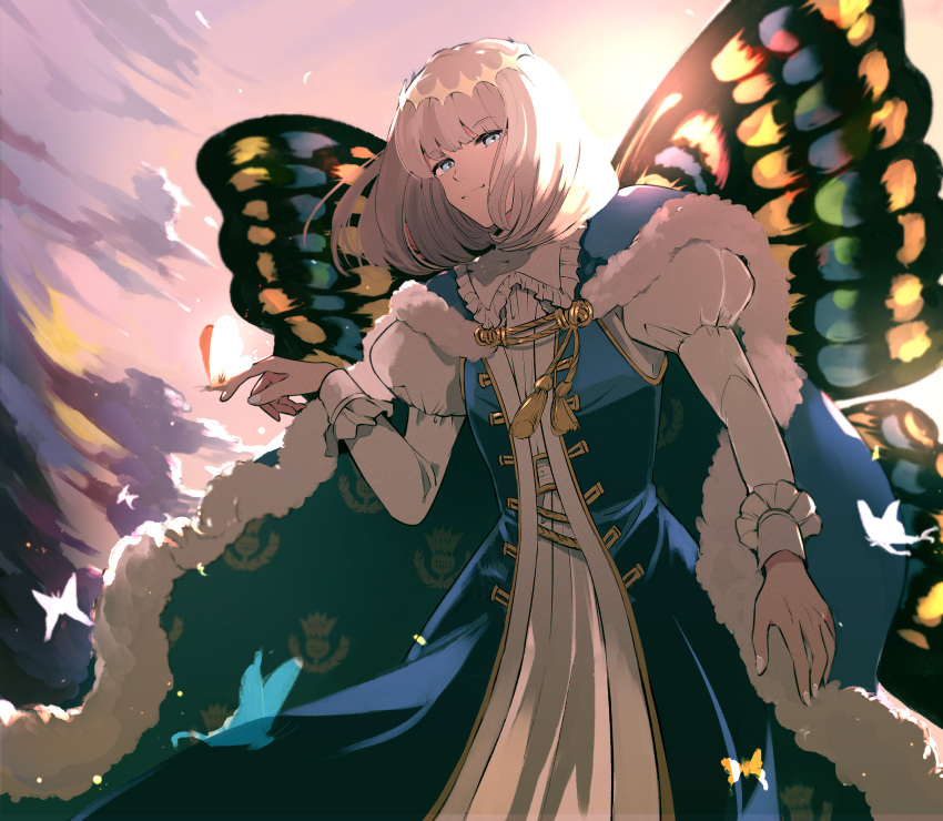 1boy, backlighting, bangs, blonde_hair, blue_cape, blue_coat, blue_eyes, bug