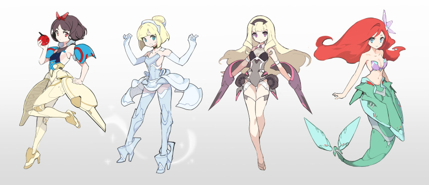 absurdres, adapted_costume, apple, ariel_(disney), aurora_(disney), black_hair, blonde_hair, cinderella