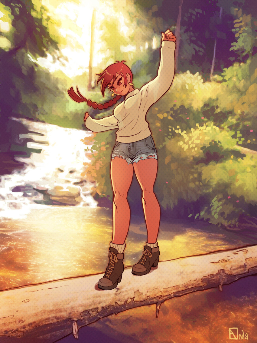 1girl, absurdres, aubrey_(neal_d._anderson), balancing, blue_shorts, boots, brown_footwear, brown_hair