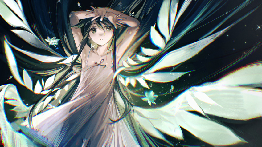 1girl, armpits, arms_up, bangs, bare_arms, commentary, dress, green_hair