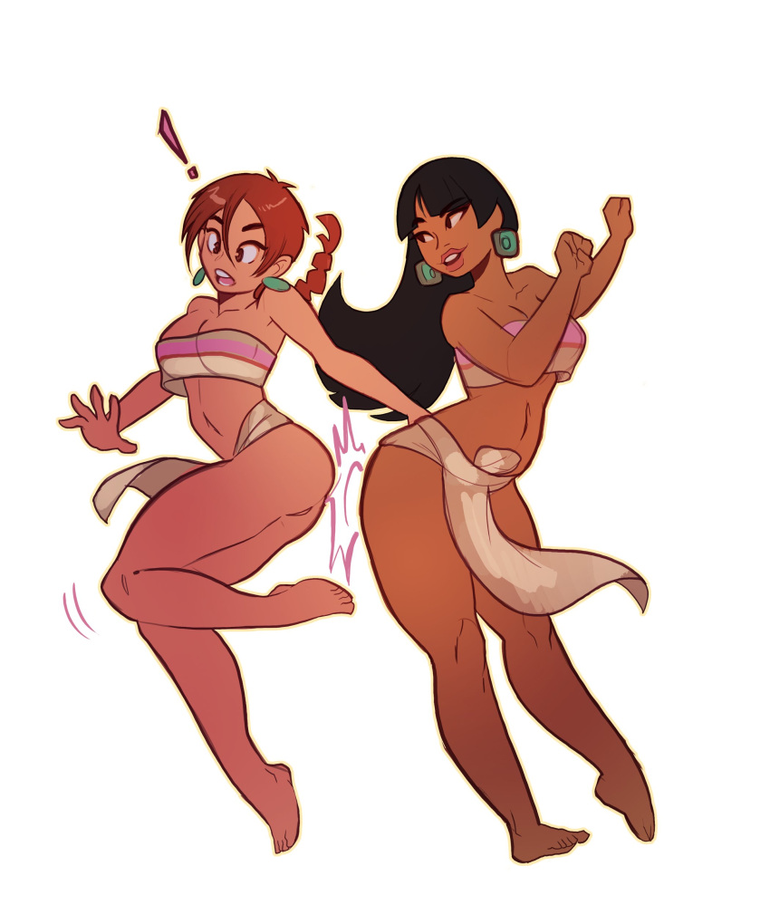 !, 2girls, absurdres, aubrey_(neal_d._anderson), bangs, bare_legs, barefoot, black_hair, brown_hair, chel_(the_road_to_el_dorado), chel_(the_road_to_el_dorado)_(cosplay), cosplay, dark-skinned_female, dark_skin, hair_between_eyes, hands_up, highres, long_hair, multiple_girls, neal_d._anderson, original, parted_lips, ponytail, simple_background, smile, the_road_to_el_dorado, white_background
