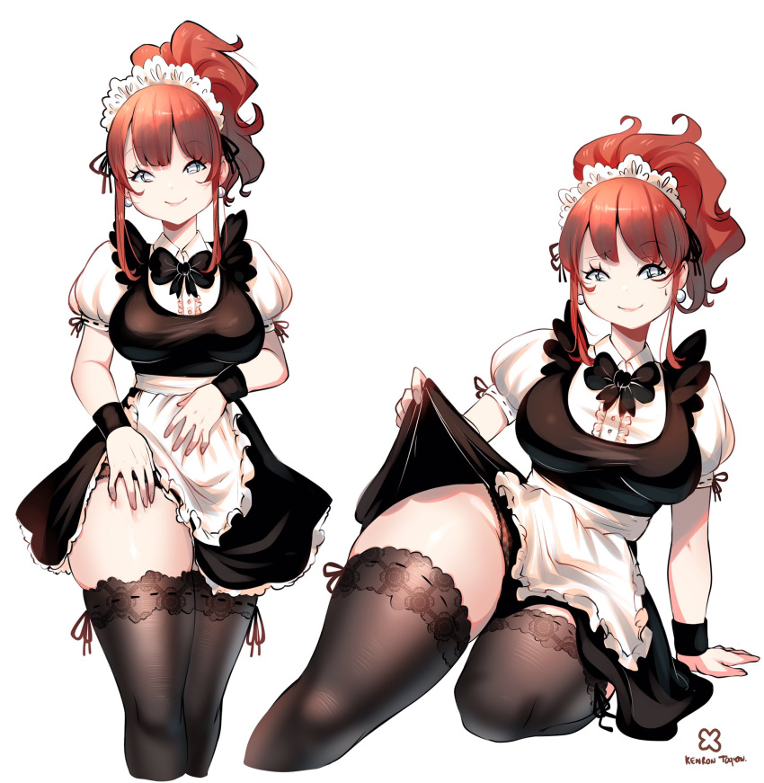 1girl, alternate_costume, apron, black_dress, black_legwear, brown_hair, clothes_lift, commentary