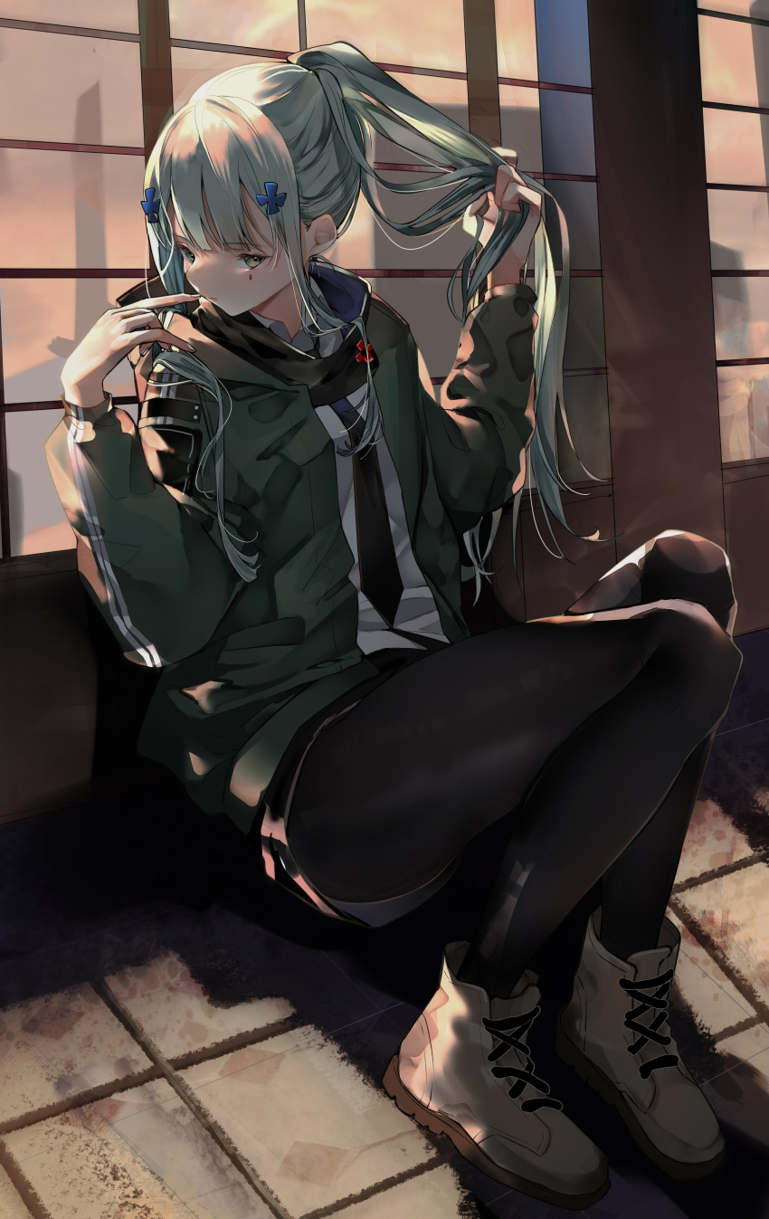 1girl, absurdres, agent_416_(girls_frontline), bangs, boots, commentary, facial_mark, finger_to_mouth