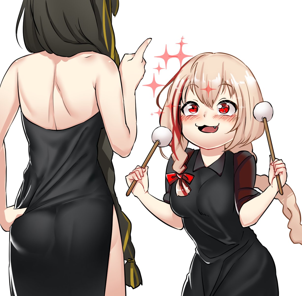 2girls, :3, alternate_costume, ass, back, bangs, bare_shoulders, black_dress