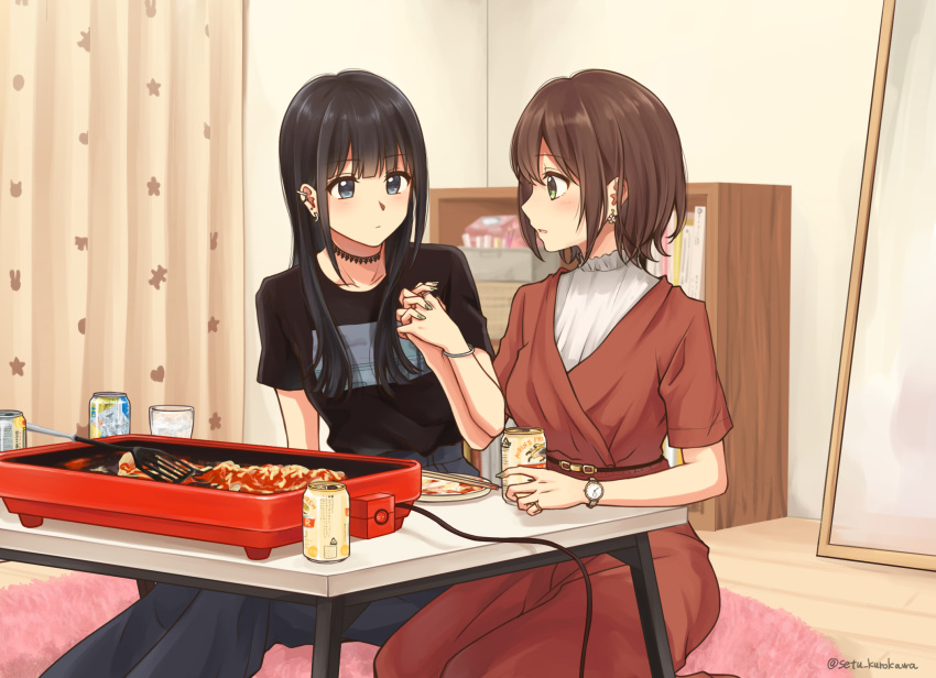 2girls, bangs, beer_can, black_hair, black_shirt, blue_eyes, blunt_bangs, bookshelf, breasts, brown_hair, can, choker, chopsticks, closed_mouth, collarbone, commentary_request, couple, earrings, expressionless, eyebrows_visible_through_hair, fingernails, green_eyes, green_nails, grill, grilling, highres, holding_hands, jewelry, kirin_(company), long_hair, mirror, multiple_girls, open_mouth, plate, ring, setu_kurokawa, shirt, short_hair, sitting, spatula, t-shirt, watch, watch, yuri