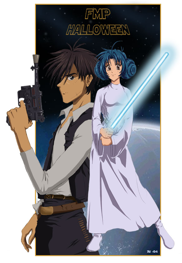 1girl, chidori_kaname, cosplay, crossover, double_bun, double_buns, energy_sword, full_metal_panic, full_metal_panic!, gun, han_solo, harrison_ford, leia, lightsaber, parody, princess_leia_organa_solo, princess_leia_organa_solo_(cosplay), sagara_sousuke, star_wars, sword, weapon