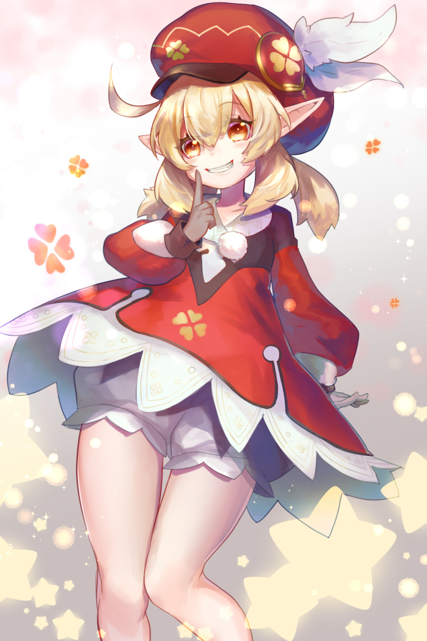 1girl, :d, absurdres, ahoge, bangs, bloomers, brown_gloves, brown_scarf, clover_print, coat, commentary_request, eyebrows_visible_through_hair, flower, genshin_impact, gloves, gradient, gradient_background, grin, hair_between_eyes, hat, hat_feather, hat_flower, highres, index_finger_raised, klee_(genshin_impact), kunagi_sokemo, light_brown_hair, long_hair, looking_at_viewer, open_mouth, orange_eyes, pocket, pointy_ears, red_coat, red_headwear, scarf, sidelocks, smile, solo, starry_background, underwear