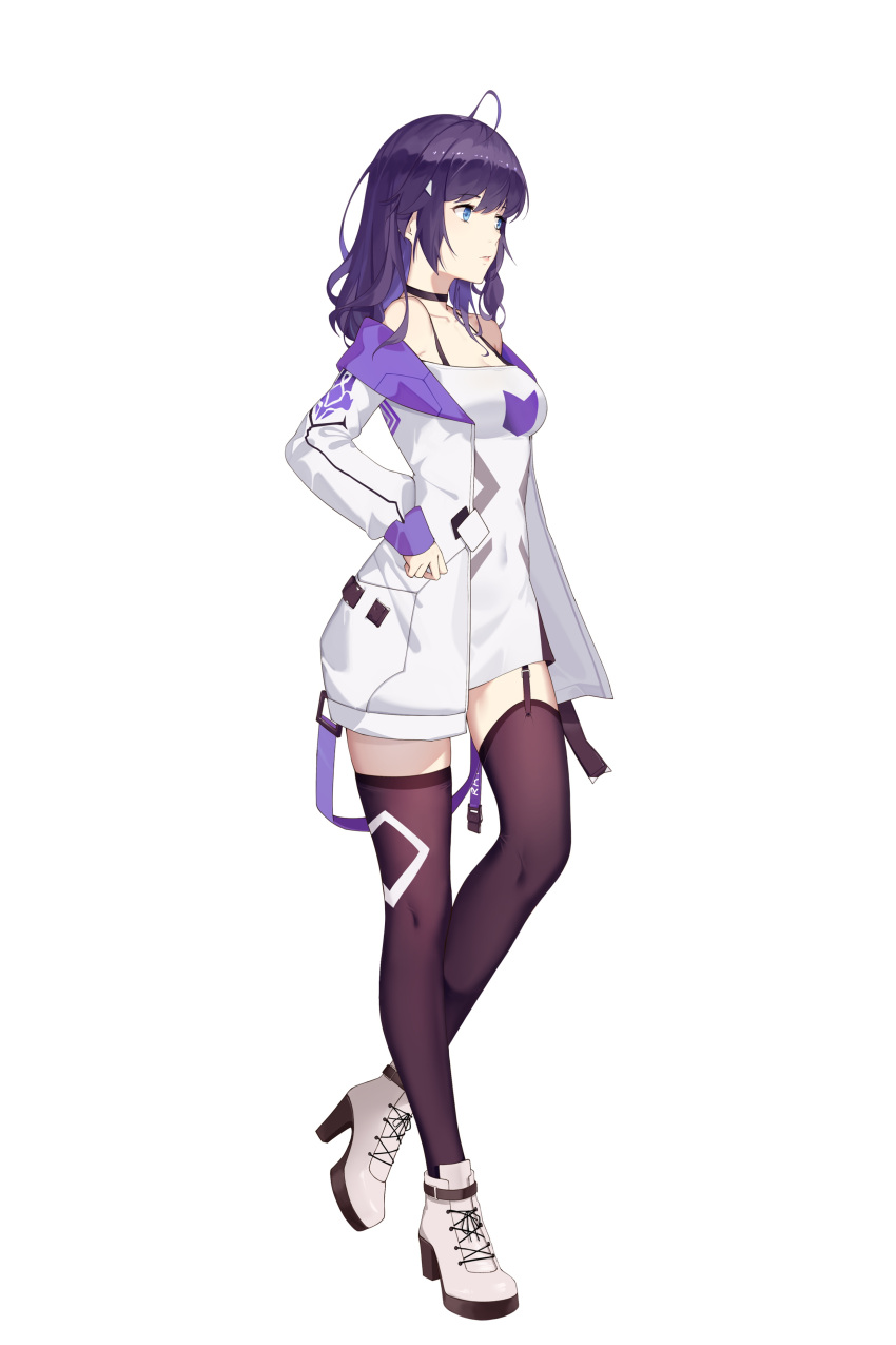 1girl, absurdres, alternate_eye_color, alternate_hairstyle, antenna_hair, bare_shoulders, blue_eyes, boots