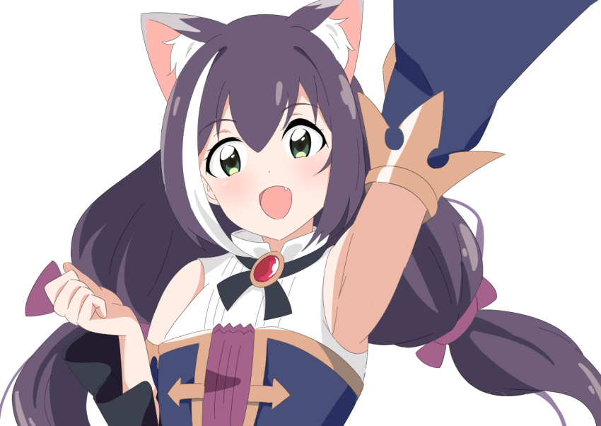 1girl, animal_ears, armpits, black_hair, cat_ears, cat_girl, cat_tail, eyebrows_visible_through_hair