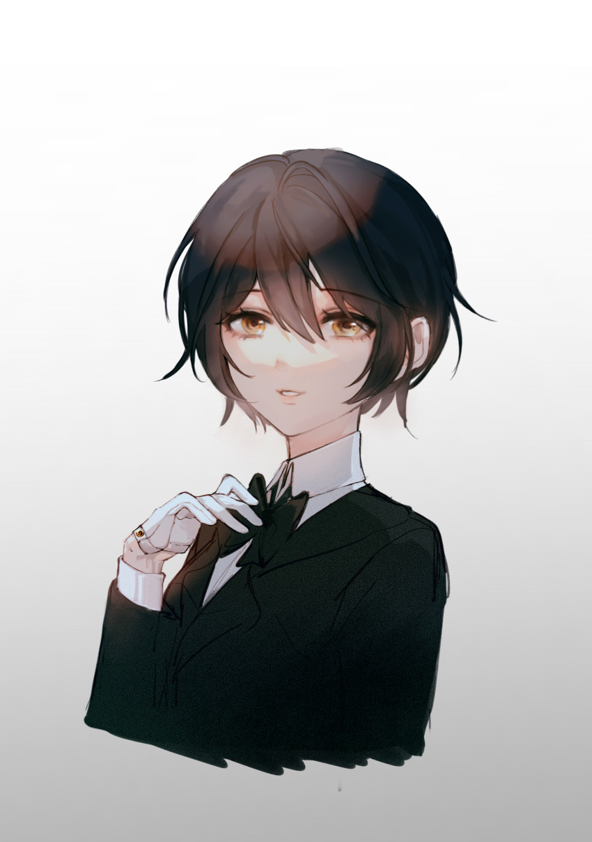 1girl, adjusting_neckwear, black_hair, black_jacket, black_neckwear, bow, bowtie, brown_eyes